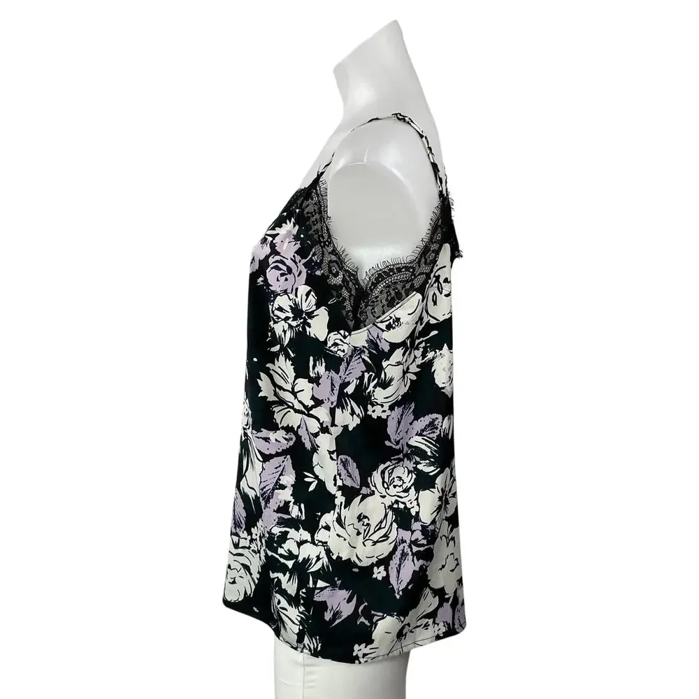 Halogen Women's Black Floral Lace Trim Sleeveless Cami Camisole Tank Top Size S